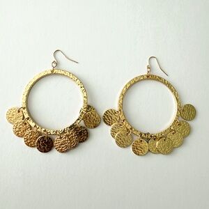Large gold hammered coin drop dangle hoop earrings
